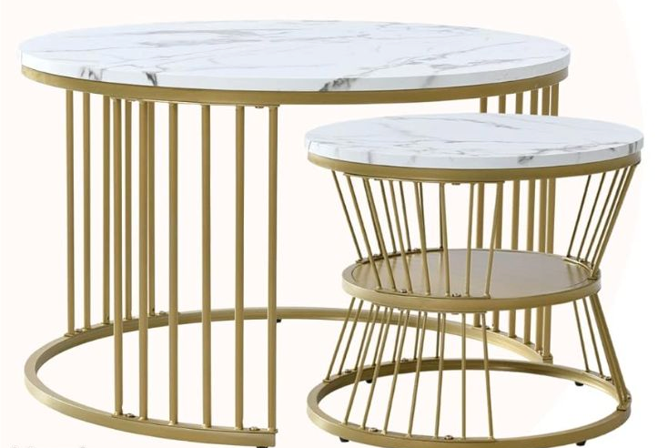 Palette de 10 tables gigognes art déco acier doré aspect marbre blanc ou noir